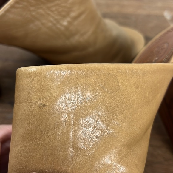 Tory Burch Raya peep toe mule heels wooden heel size 8.5 leather tan - Picture 8 of 12